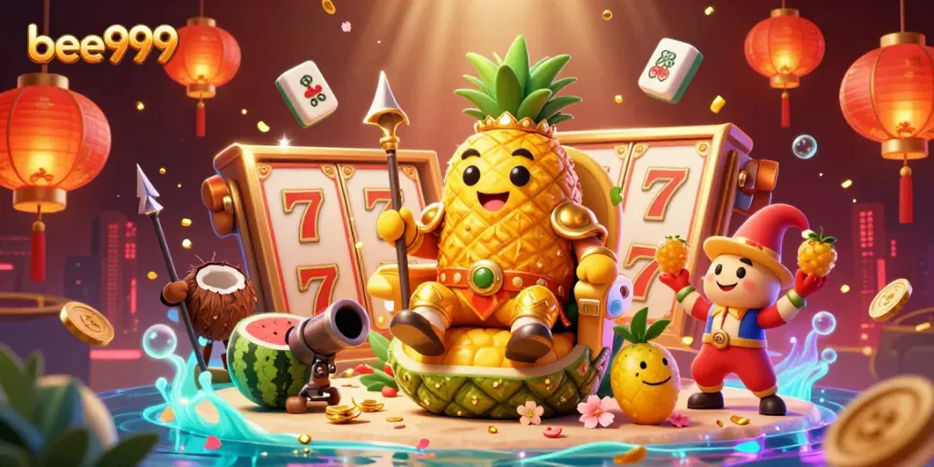 Engage with the exciting gaming action of bee999 featuring a golden pineapple king and animated slot reels.