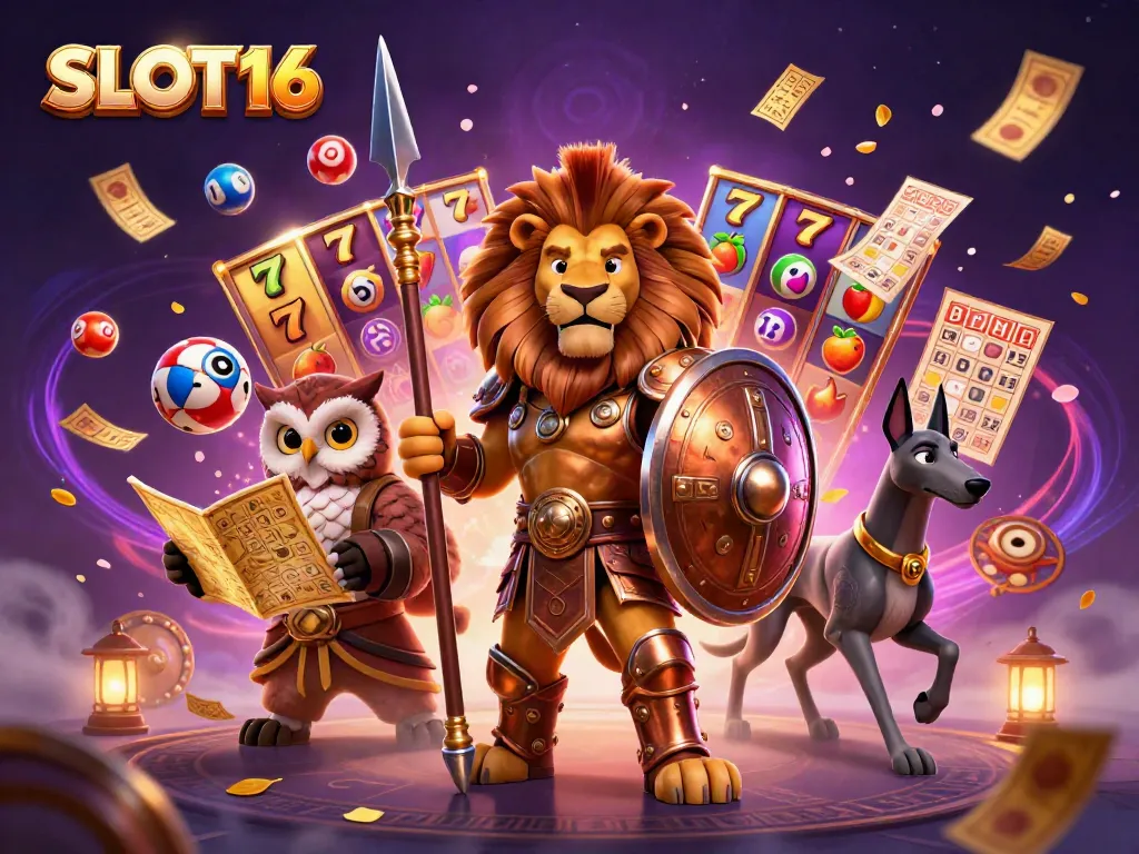 Engage with SLOT16's captivating slot-themed scene featuring an armored lion and dynamic game elements.