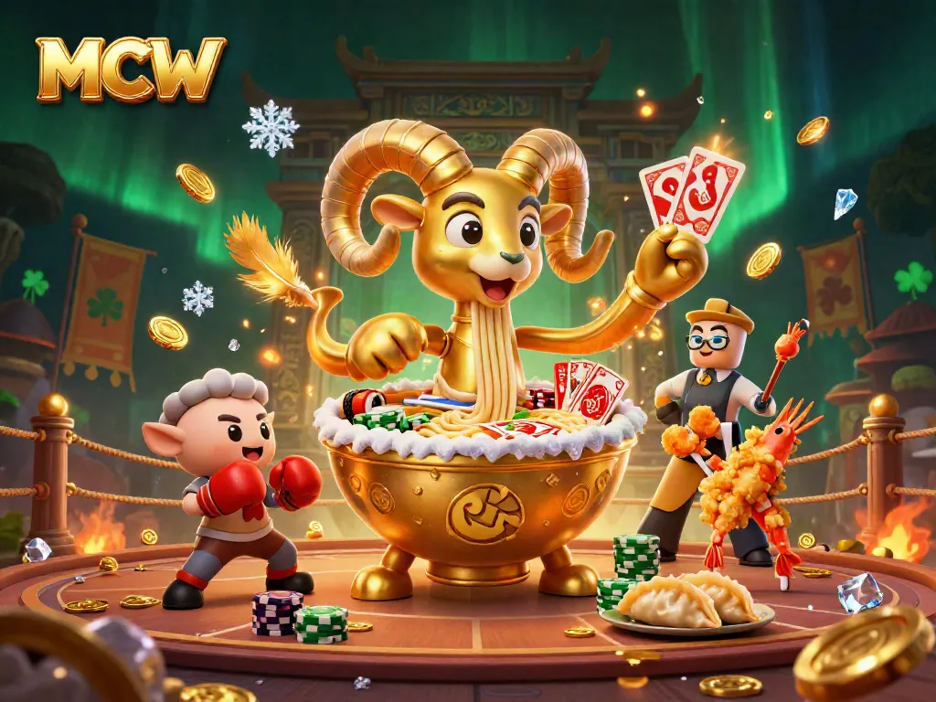 MCW showcases vibrant 3D casino elements with a golden ramen bowl character, engaging players in thrilling betting action.