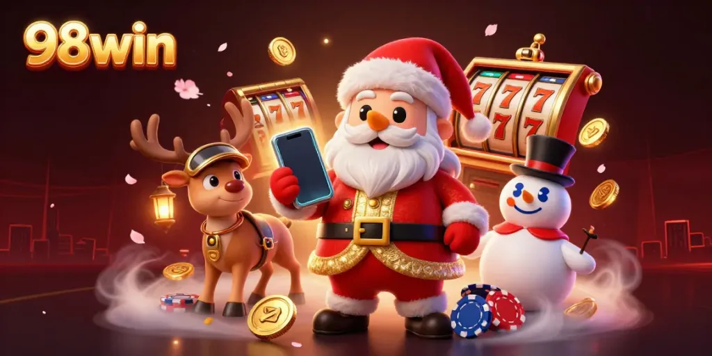 Join Santa Claus and friends in a festive 98win casino scene, showcasing excitement and jackpots.