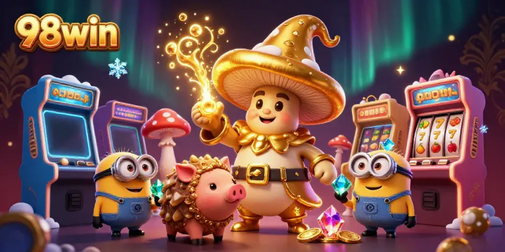 Experience the thrill of winning with 98win in this vibrant casino-themed 3D illustration.