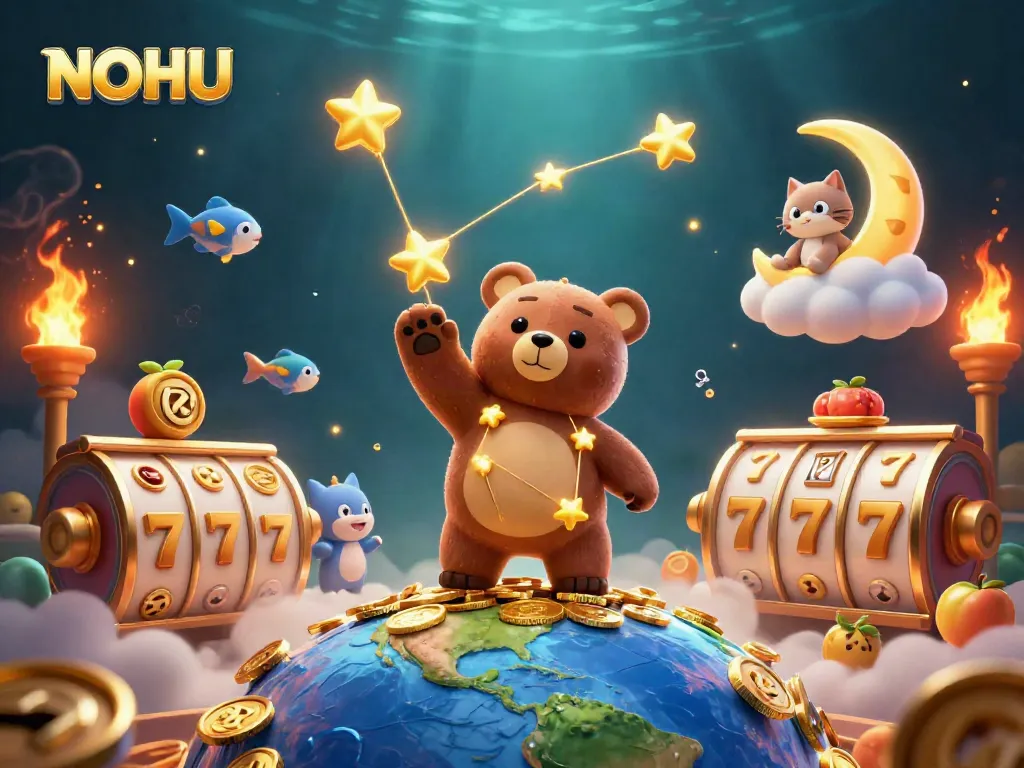 Experience the excitement of NOHU with golden stars, slot reels, and vibrant casino elements in an engaging 3D illustration.