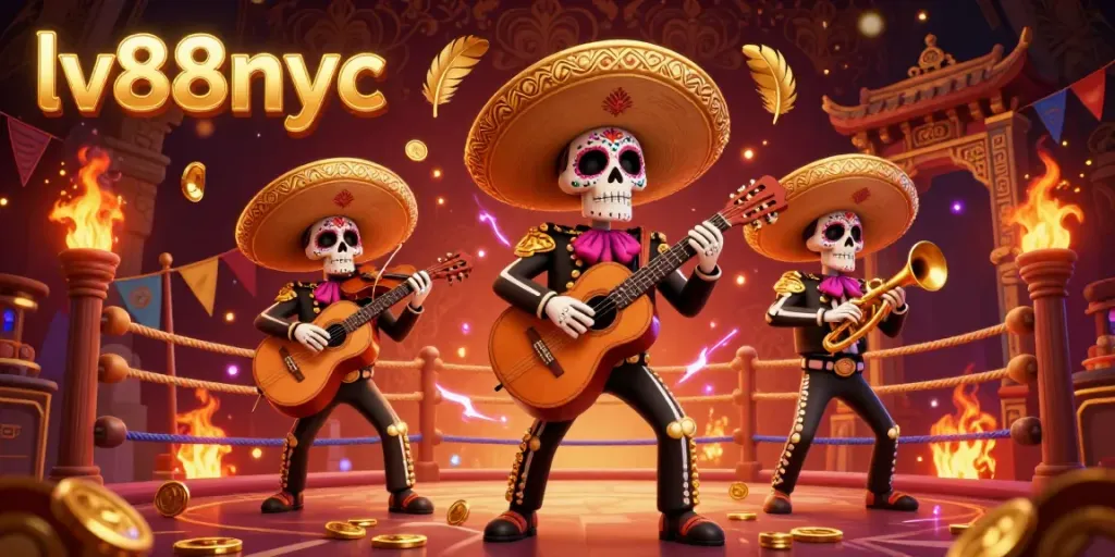 Experience thrilling games at lv88nyc with dynamic entertainment featuring colorful mariachi skeletons and vibrant casino elements.