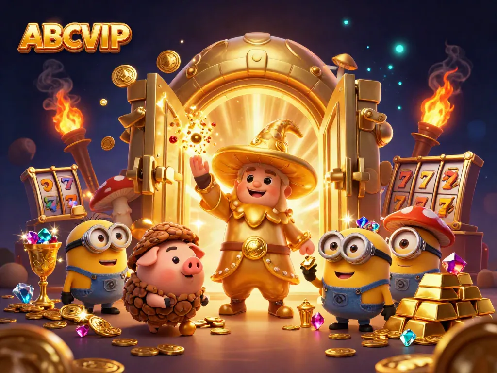 Experience the magic of ABCVIP with golden treasures and enchanting characters in a lively casino scene.