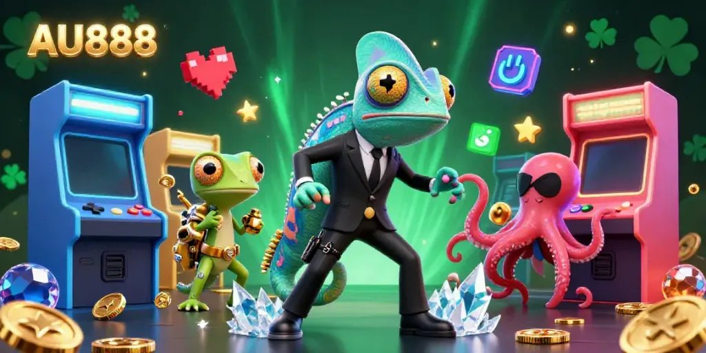 Unleash your luck with AU888's vibrant 3D casino scene featuring a dynamic chameleon, gecko, and octopus.