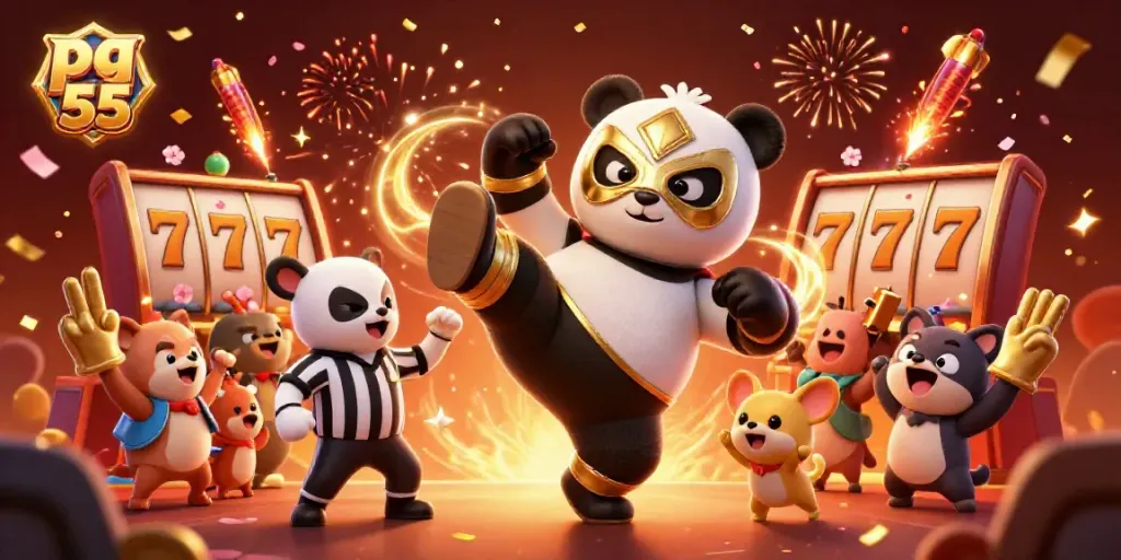 Experience excitement with the pg 55 vibe as a panda wrestler kicks through a festive casino scene.