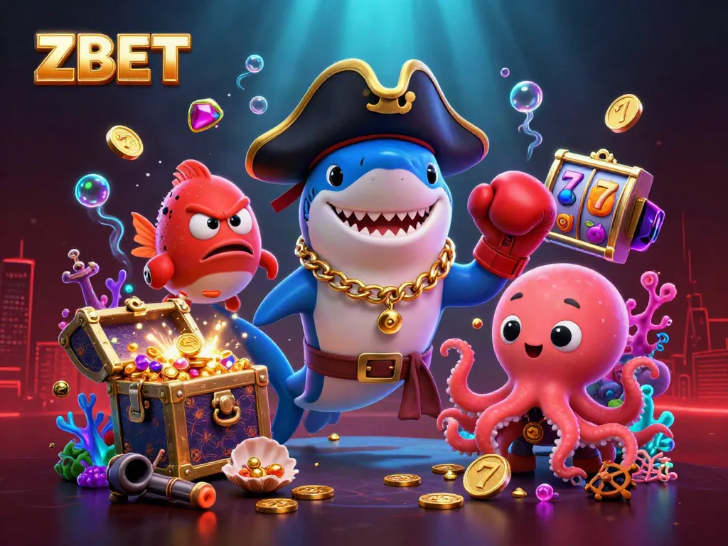 ZBET showcases an engaging casino scene featuring a pirate shark, pufferfish, and octopus surrounded by slots and treasure.