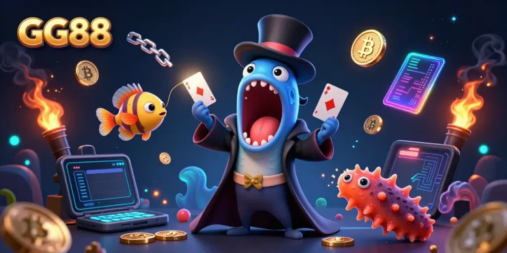 Experience thrilling card tricks by GG88's magical eel amidst neon crypto coins and dynamic gaming elements.