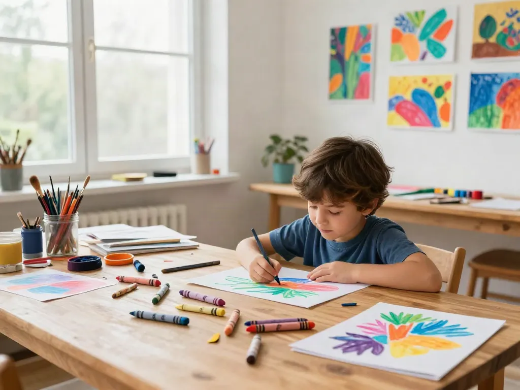 Children showcasing creativity while using crayon supplier products in a bright art studio.
