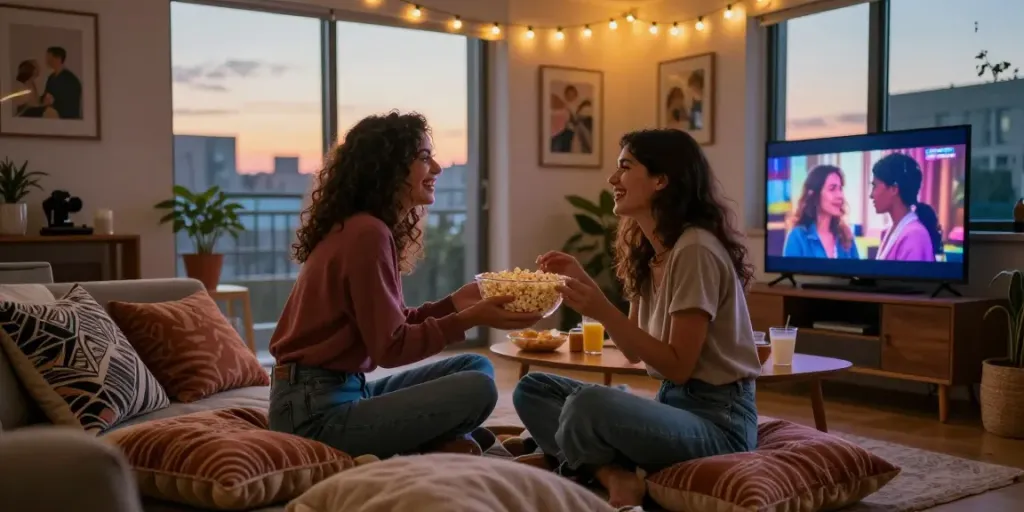 Cozy movie night featuring two women enjoying lesbian porn film with popcorn