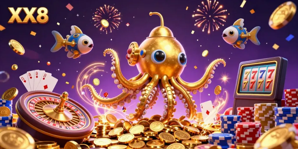 Experience thrilling wins with XX8 as the golden kraken submarine navigates through a treasure-laden casino world.