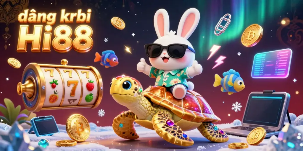 Join the fun with đăng ký Hi88, featuring a cartoon lucky rabbit and giant turtle in a vibrant casino world.