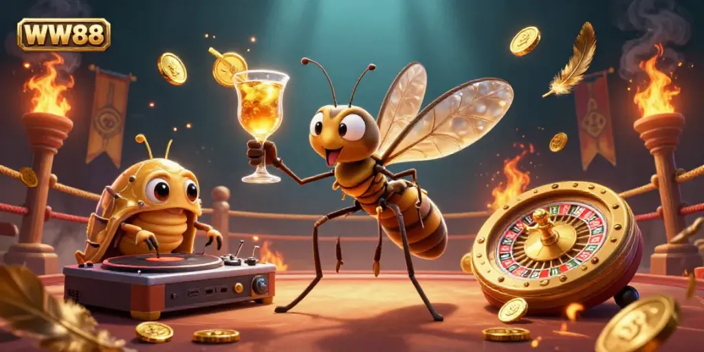 Experience WW88 with a vibrant casino scene featuring a mosquito mascot, trilobite DJ, and roulette wheel.