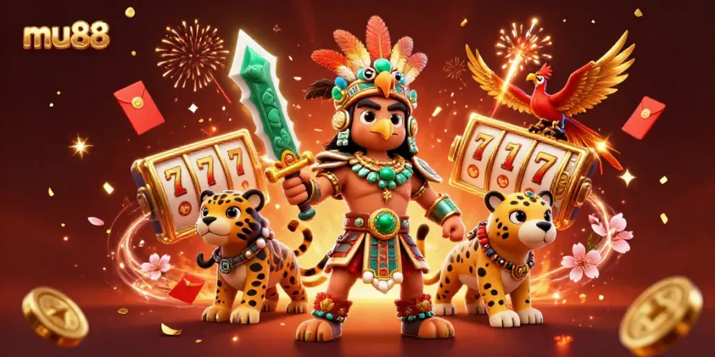 Experience the excitement of mu88 with an Aztec warrior and gaming elements in a vibrant illustration.