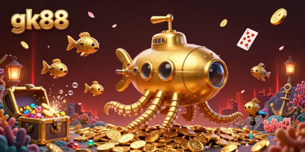 Engage with gk88's golden kraken submarine amidst a vibrant sea of casino treasures and glowing atmosphere.