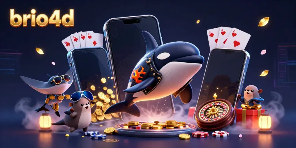 Spin winning slots on brio4d with an exciting scene of animated characters surrounded by casino elements.