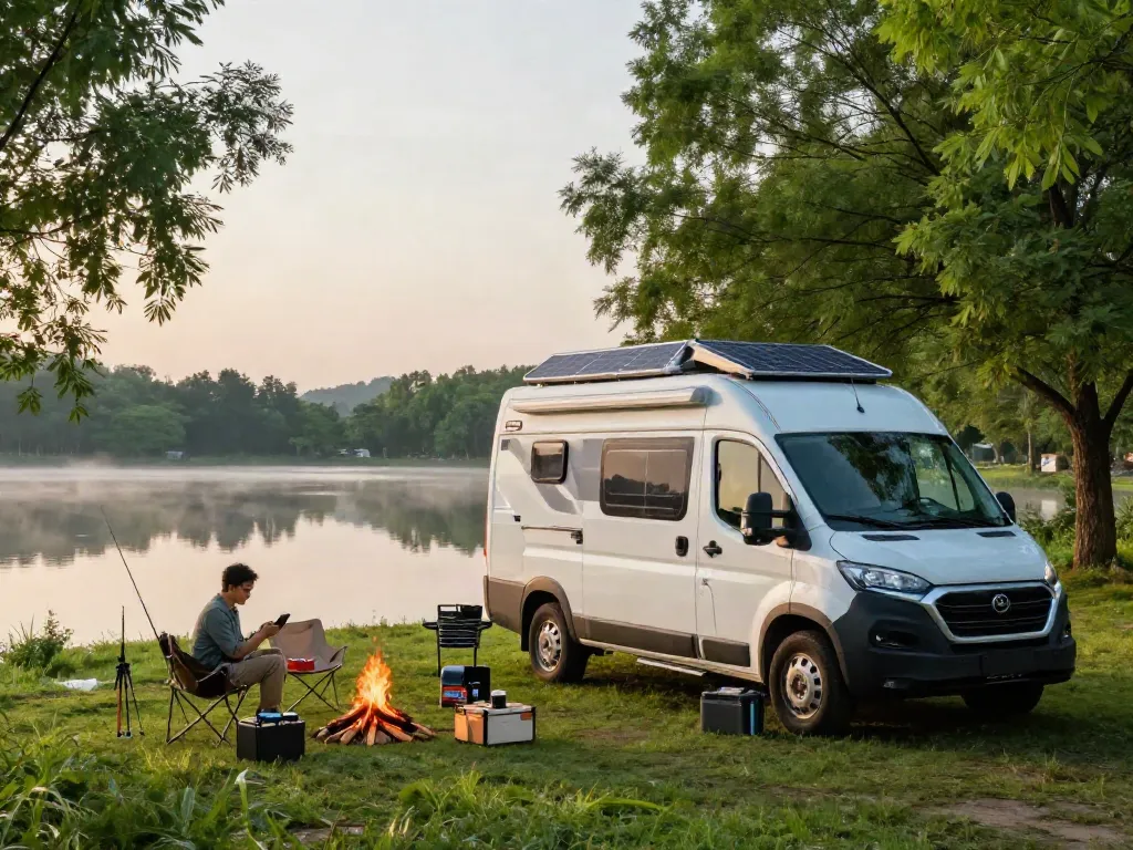 Individual checking device connected to lithium RV batteries at a serene lakeside campsite.