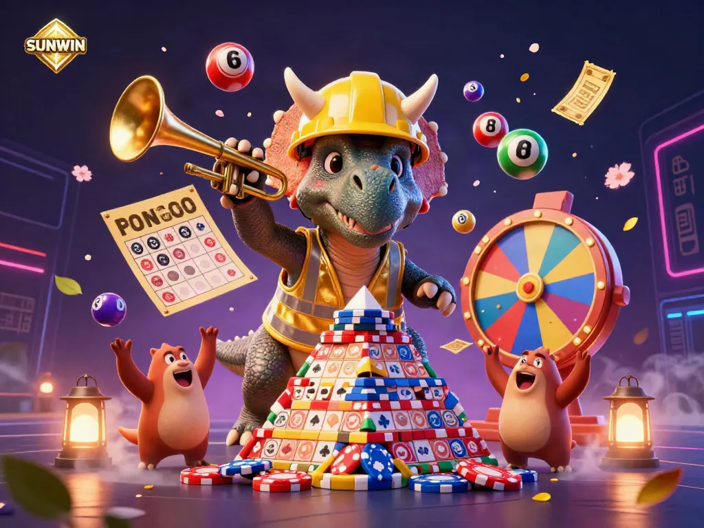 Experience the excitement of SUNWIN with vibrant casino elements and cheerful characters in unique illustration.