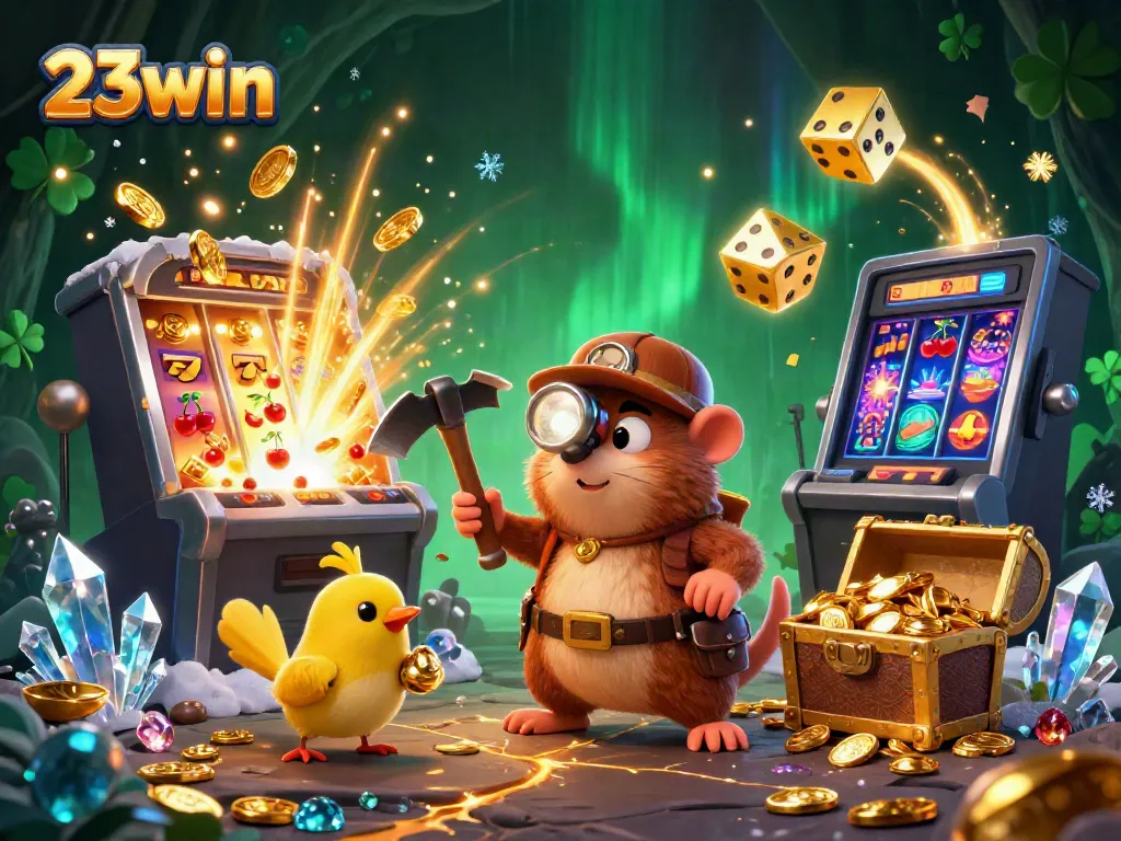 Experience the thrill of 23win with a treasure hunter mole in a vibrant casino scene, bursting with winning symbols.