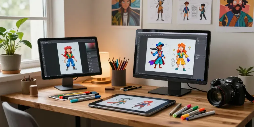 Illustration of a creative workspace using a consistent character generator to design characters.