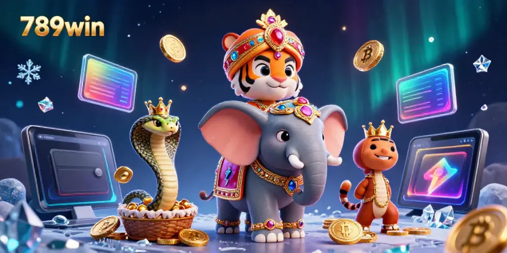 Engage with 789win's exciting features illustrated by a mystical 3D casino scene showcasing a tiger and an elephant.