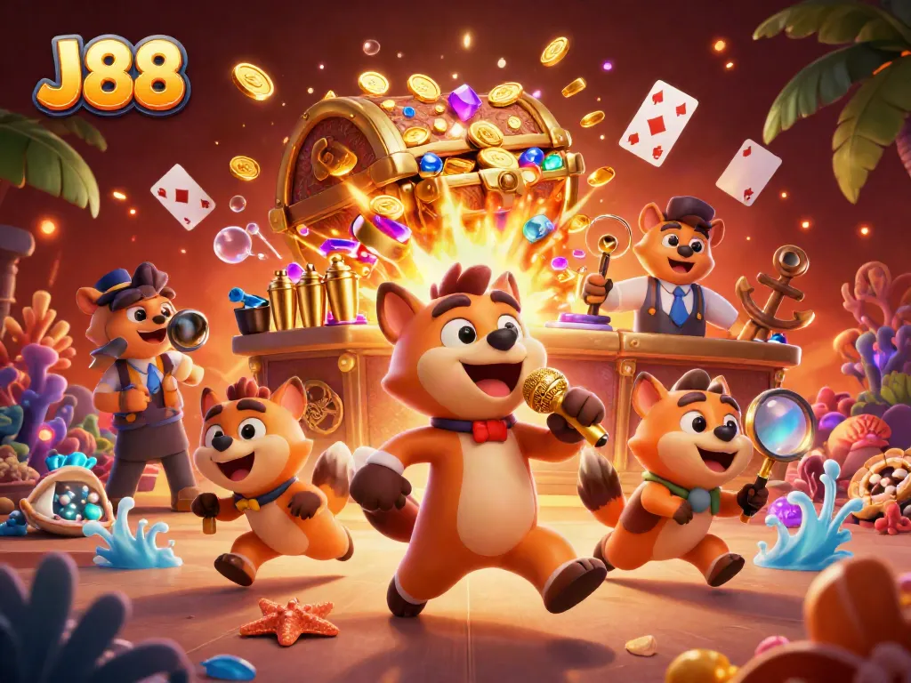Experience the excitement of J88 in a vibrant casino scene with lively hyenas and treasure!