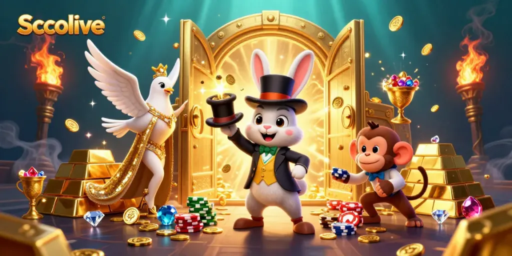 Socolive showcases a lively scene with a magician rabbit, glamorous dove, and playful monkey amidst riches and excitement.