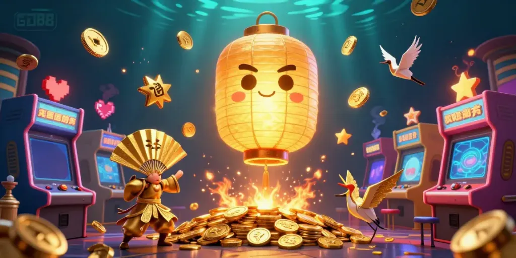 Experience joy and thrill with GO88's 3D golden lantern spirit in a vibrant casino scene full of gaming elements.