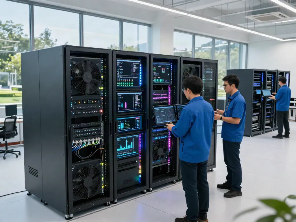Technicians collaborating in a modern data center showcasing AI infrastructure.