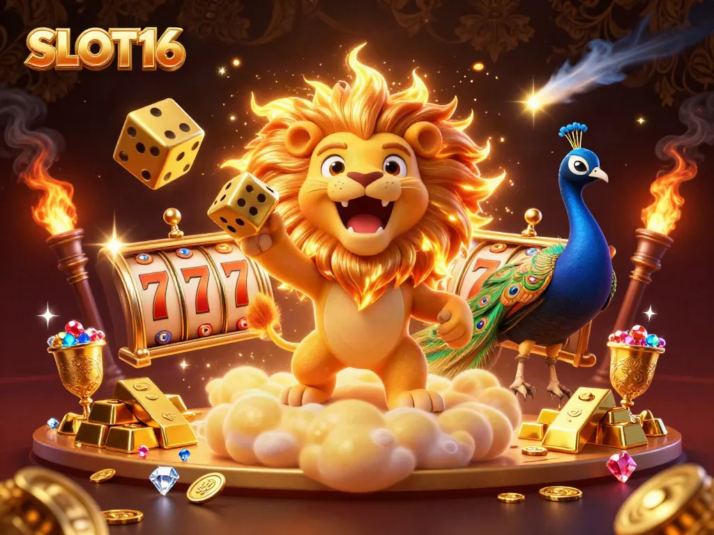 Experience the excitement of SLOT16 with a roaring lion surrounded by casino treasures and dynamic gameplay.