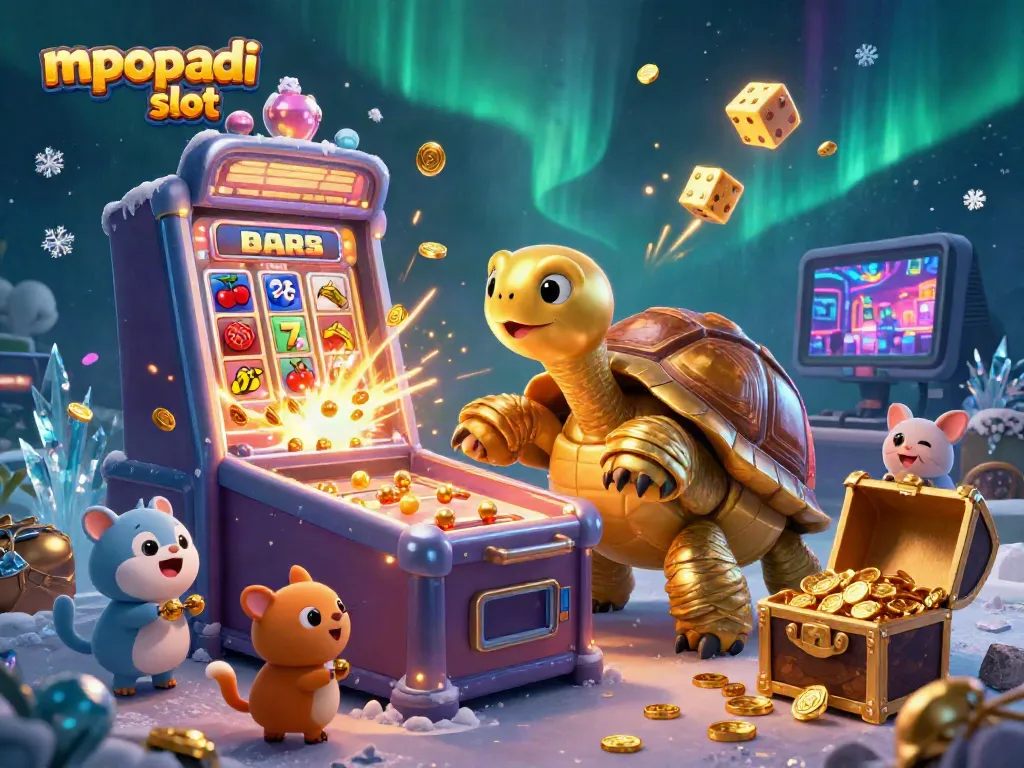 Play exciting games at mpopadi slot, featuring a colossal tortoise pinball machine in a vibrant casino scene.